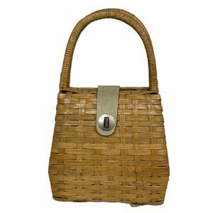 Vintage Woven Wicker Wooden Handbag Purse Handles Leather Details Lined